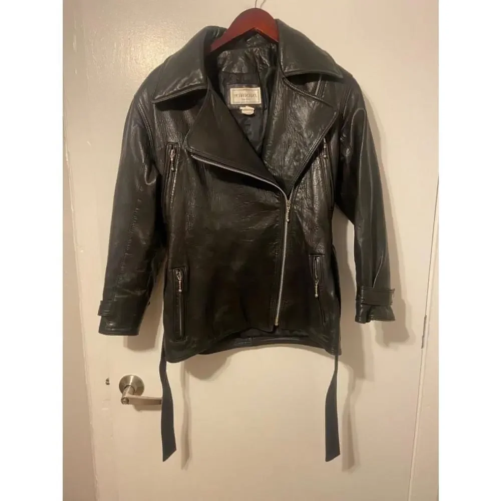 Vintage Rare Henri Bendel New York Black Leather Belted Biker Jacket Size 4 - Picture 1 of 10